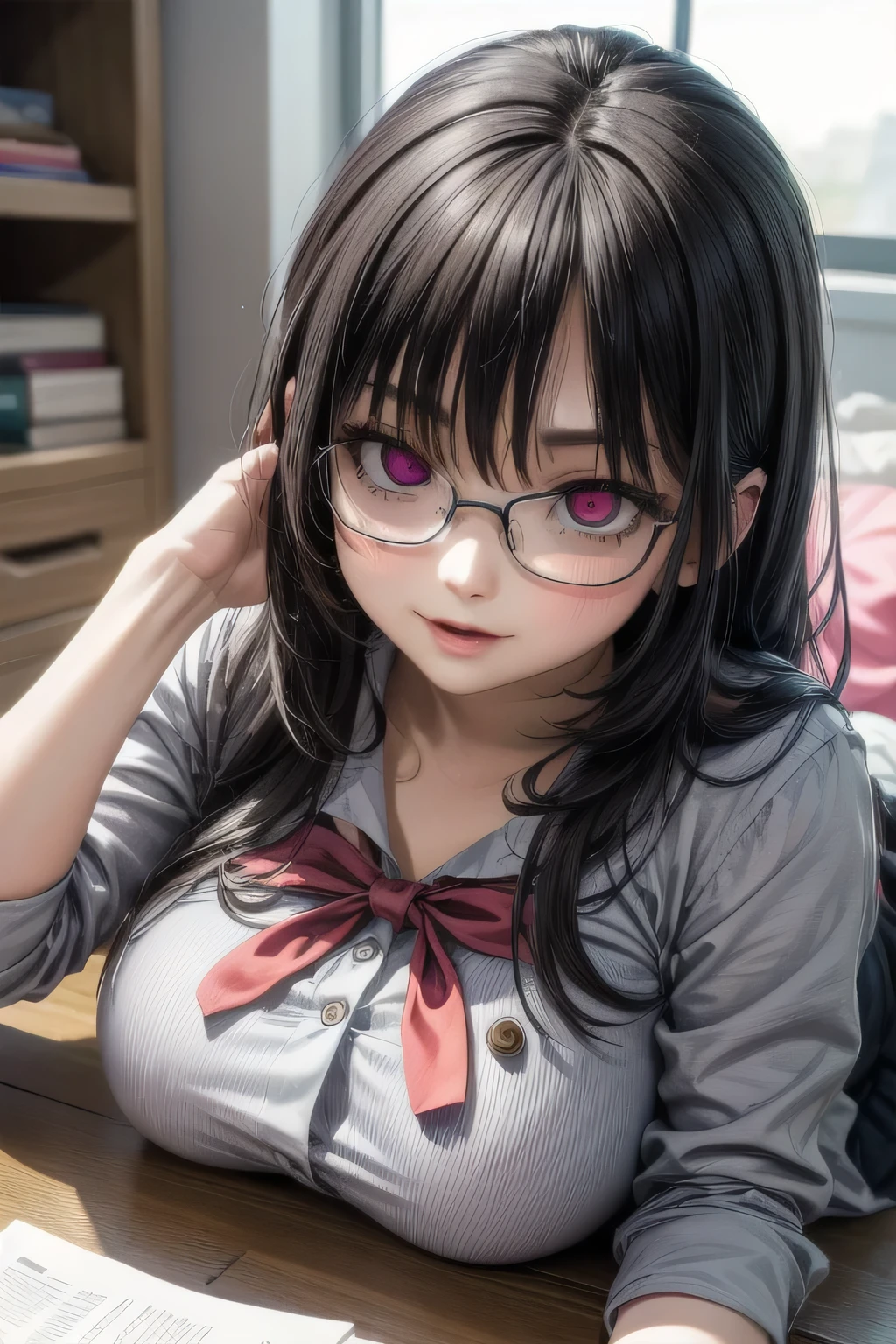 (Tabletop:1.0), (highest quality:1.4), (High resolution:1.2), From the side,Sharp contours, boyish, highest quality, masterpiece,Glasses,Voice of the Heart,20-year-old woman,yandere,Big Breasts,Chest to chest,Lying face down,Upper Body,Ecstasy,saliva,blush,Squint your eyes,Heterochromia iridis,Tuck up your clothes,lure