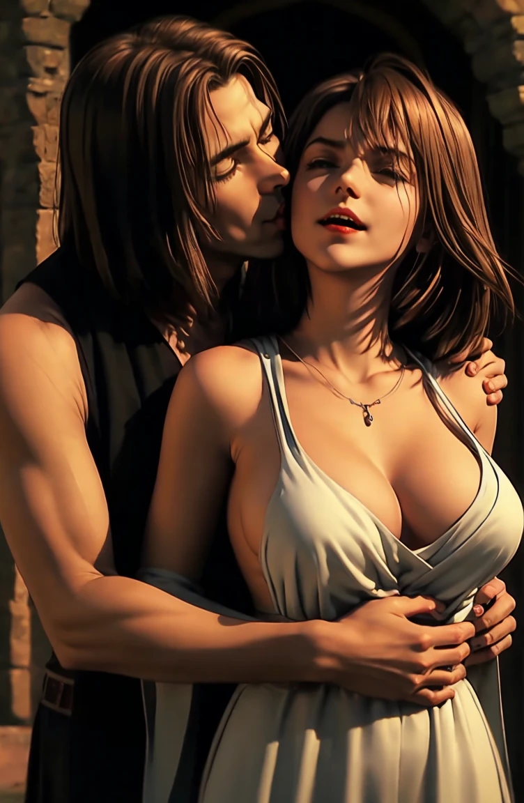 yunaffx, topless, nude, deep cleavage, large breasts, embracing dracula, kissing dracula, red bite on neck