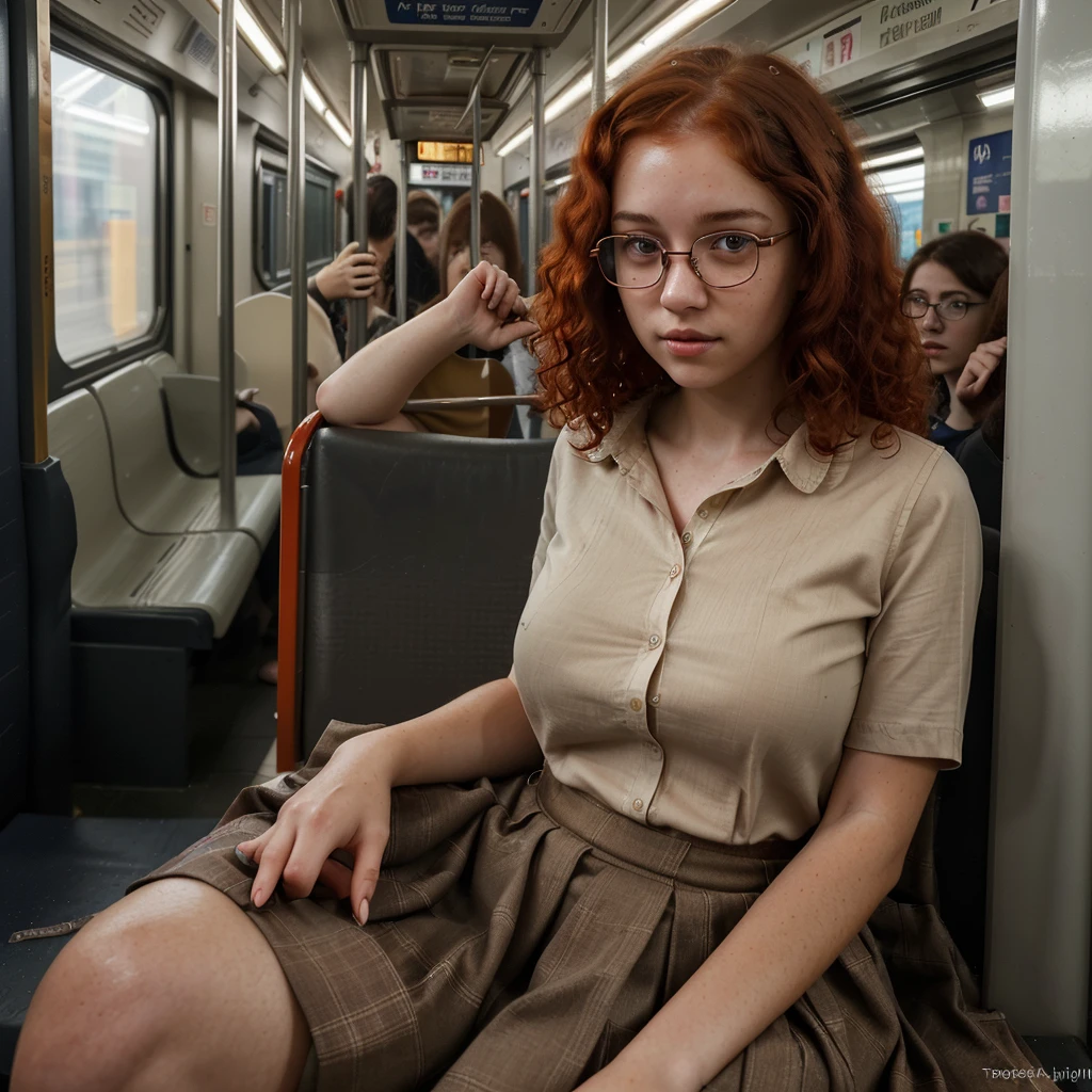a beautiful 20 year old girl with curly red hair, fair skin, brown eyes, wearing a long skirt and shirt, sitting inside a metro train, wearing nerdy glasses, looking at the viewer, hyper detailed, cinematic lighting, 8k, photorealistic, intricate details, high quality, masterpiece