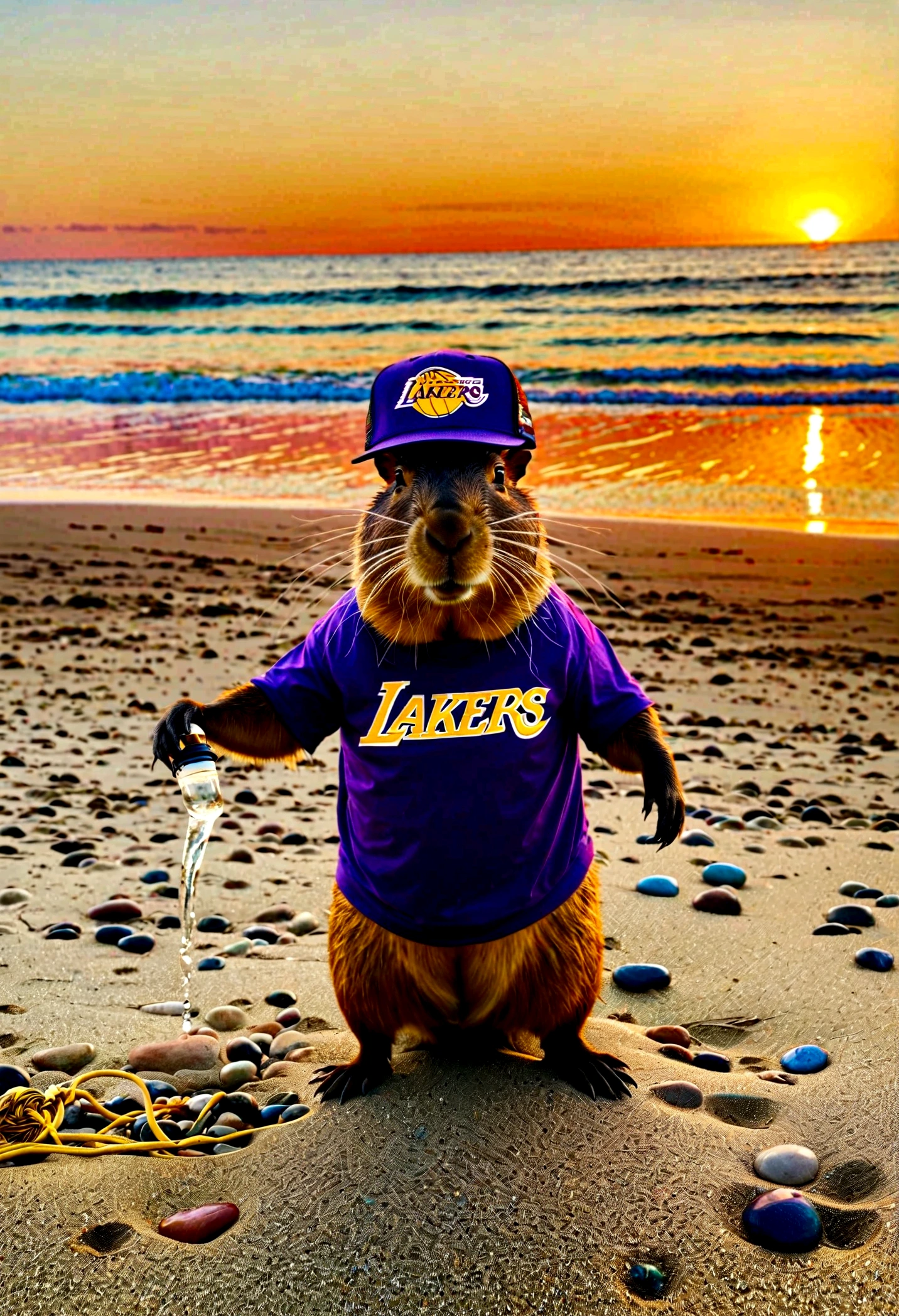 A capybara with glasses and a cap with a gold cord with siphon and a lakers shirt on the beach in the middle of the sunset