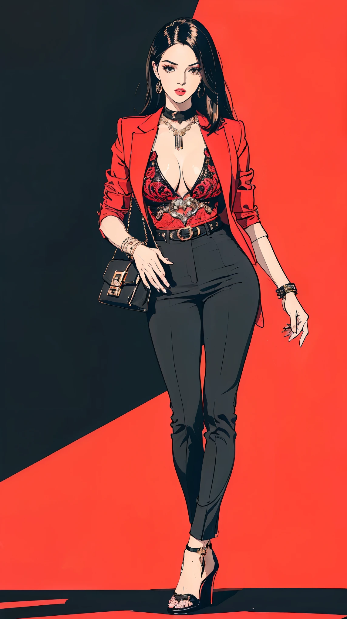 (ultra-detailed, photorealistic, best quality,4k,8k,highres,masterpiece:1.3), Cuban woman, age 28, real estate agent, very attractive, allure physique, She uses flirtatious behavior and seduction as tools to close deals, Always dressed provocatively, her outfits enhance her high sex appeal and contribute to her successful career, Her outfit includes a Top: A low-cut, fitted blazer from Balmain that's bold and provocative, yet maintains a professional edge, Bottom: A pair of tailored, high-waisted trousers from Stella McCartney that highlight her figure while keeping the look business-appropriate, Shoes: A pair of strappy, high-heeled sandals from Jimmy Choo adding a touch of glamor and height, Accessories: A statement choker necklace from Alexander McQueen and a Bulgari Serpenti bracelet that add a touch of luxury and daring femininity, Bag: A bold, red leather tote from Saint Laurent for carrying documents and essentials, adding a pop of color to her outfit, (((intricate detail, super finely detailed hands, ultra finely detailed fingers, ten fingers, striding confidently, full body showcase, show full body))).