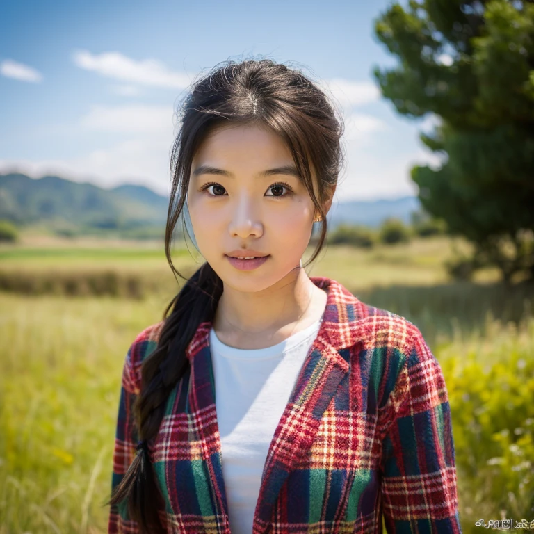 Young Asian woman, 25 years old, beautiful, long hair flowing up. A clear and detailed face, 8k,Wear a red and green and blue plaid shirt., In the open countryside there is a thatched hut with red flowers. Different action poses, Take photos 16k,with a high quality Fujicamera.,45,000,000 pixels