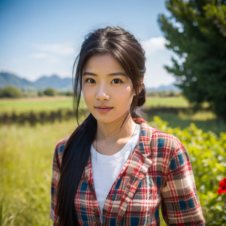 Young Asian woman, 25 years old, beautiful, long hair flowing up. A clear and detailed face, 8k,Wear a red and green and blue plaid shirt., In the open countryside there is a thatched hut with red flowers. Different action poses, Take photos 16k,with a high quality Fujicamera.,45,000,000 pixels