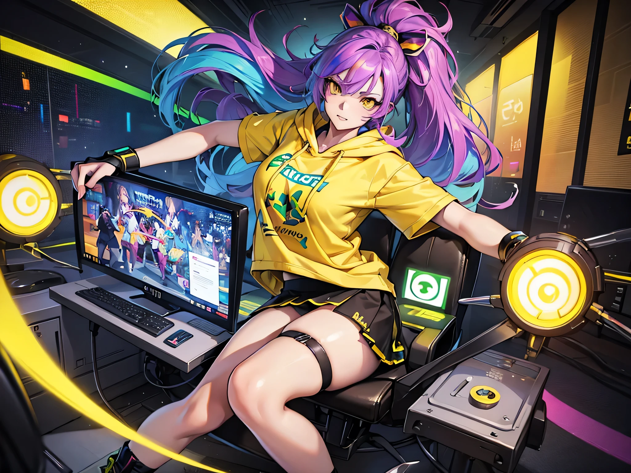 The most beautiful and sexy gamer girl, rainbow colored hair, yellow eyes, wearing hoodie, graphic t-shirt, skirt and highly detailed gamer gear, highly detailed background, perfect masterpiece, high quality, high resolution