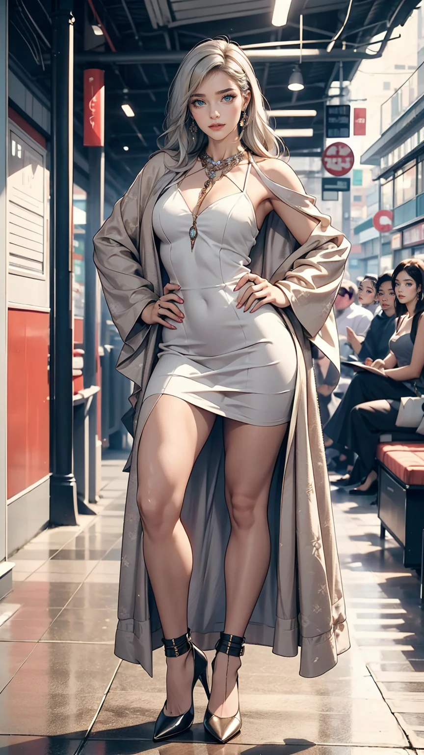 Attractive 24 year old woman、Silver Hair、long hair、Tube Dresses((tube dress))wear、Wearing high heels、Place your hands on your hips、smile、Sexy proportions、