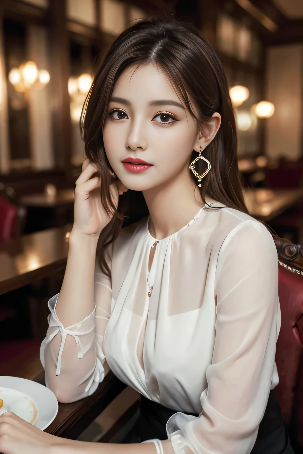 masterpiece, highest quality, Realistic, Very detailed, Finer details, High resolution, 8k wallpaper, One beautiful woman, Wear an elegant see-through blouse, In a great restaurant, At night, Light brown messy hair, Perfect dynamic composition, Beautiful and beautiful eyes、Big earrings、Sitting in a chair