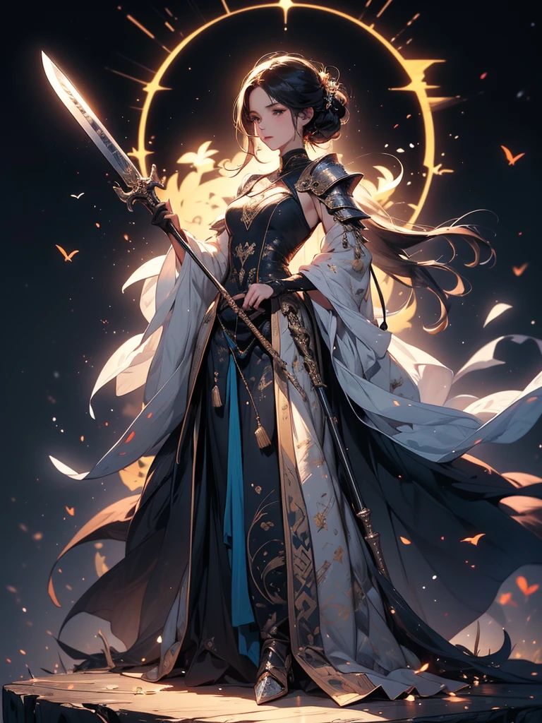 ((masterpiece)), (((best quality))), (character design sheet, same character full body, front, side, back), Illustration, 1 girl, Design a layout showcase Gaming character, (1girl). Golden+Purle clothes, stylish and unique, ((showcase weapon:1.4)), magic staff, (masterpiece:1.2), (best quality), 4k, ultra-detailed, (Step by step design, layout art:1.5), (luminous lighting, atmospheric lighting), magican, ((glove full hands)), (((revealing clothes:1.3))), vambraces, armored legwear, (((full_body_shot:1.4)))