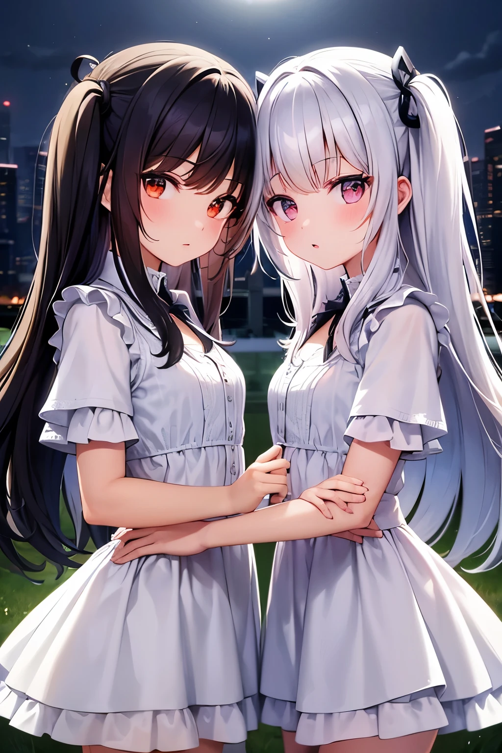 ,twins,cabelo branco,meias,mulher madura,chuva,Cidade noturna