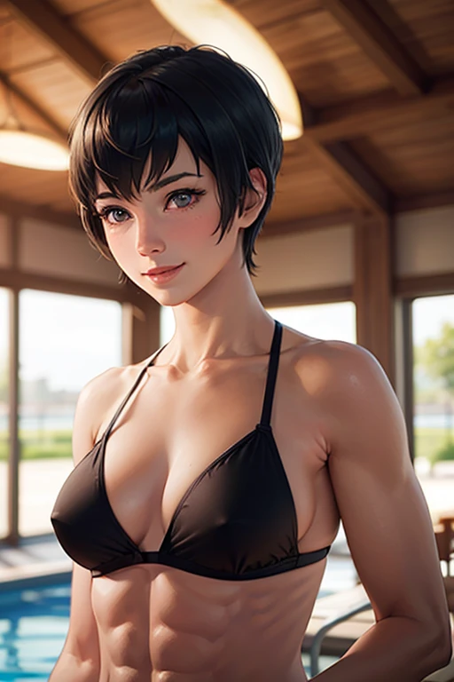 (best quality, masterpiece:1.2), ultra-detailed, realistic, mature woman, detailed hair, detailed eyes, detailed lips, kjelle, black bikini, hotel pool, blue sky, upper body, looking at viewer, realistic colors, studio lighting, short hair, brown eyes, medium breasts, [abs:0.4], (muscular), from below, (shy smile), blushing
