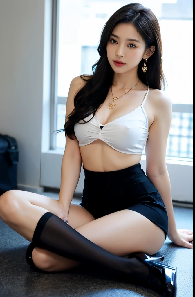 (masterpiece:1.3), (8 thousand, realistic, RAW photos, best quality: 1.4), (1 woman),(sheer silk blouse), (short skirt), (양 다리에 짙은색 realistic 팬티 스타킹 신고), (wearing Very sexy black transparent Ultra-realistic thighhighs), (Stockings on both legs), (Stockings on both legs), (Wearing high heels on both feet), (Wearing high heels on both feet), (Wearing high heels on both feet), (very sexy), (full body shot), (Beautiful makeover), (realistic 얼굴), (beautiful body) , (very beautiful face), (long eyelashes), (double eyelid), (beautiful eyes), (big bust) , (Strong body through exercise), (beautiful abs), (Beautiful heaps), (tall), (really beautiful body), (realistic face), (black hair. parted, long hair:1.3), (아름다운 parted스타일), (realistic eyes), (delicate eyes), (realistic skin), (beautiful skin), (absurd), (attractive), (ultra high resolution), (extremely realistic), (very detailed), (golden ratio), (realistic 길고 아름다운 다리), (realistic and beautiful arms), (necklace), (earring),(beautiful nails manicure), (So beautiful and sexy)