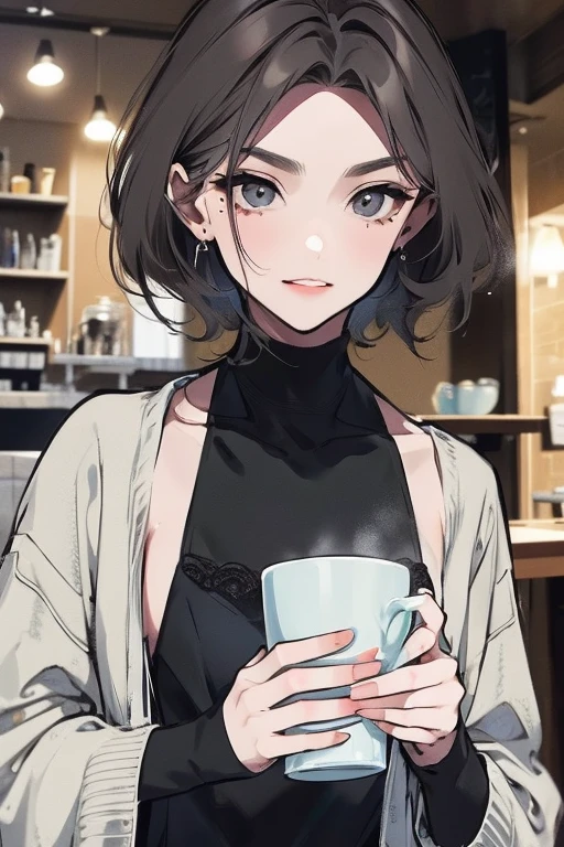 short hair,Slightly dark grey hair,Barista,Brewing drip coffee,Mode,Long sleeve,Black clothes,Simple clothes,Cool Beauty,adult,A slight smile on your lips,Small mole under left lip,Cafe,Arched thin eyebrows,1 female