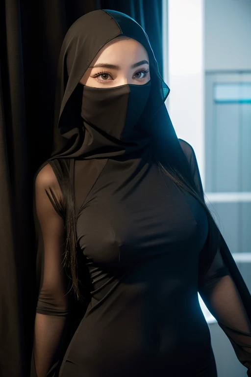 Women sexy, big breast, wearing full lether jupsuit, wearing loose niqab covering mouth and nose, wearing glass