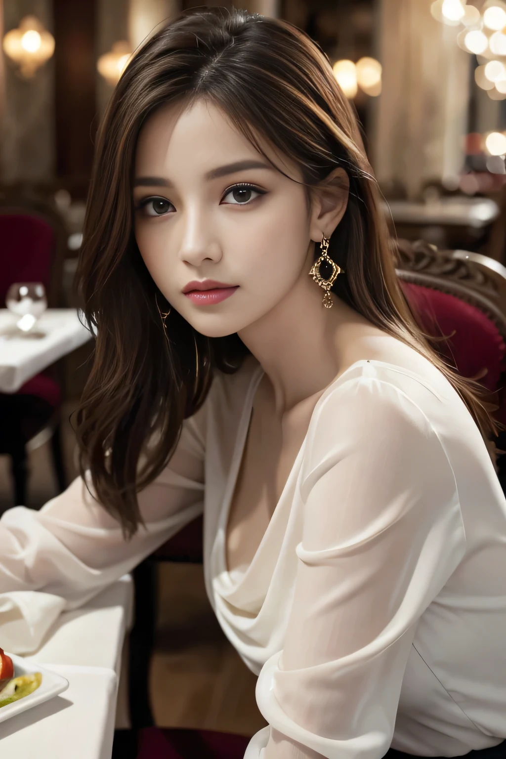 masterpiece, highest quality, Realistic, Very detailed, Finer details, High resolution, 8k wallpaper, One beautiful woman, Wear an elegant see-through blouse, In a great restaurant, At night, Light brown messy hair, Perfect dynamic composition, Beautiful and beautiful eyes、Big earrings、Sitting in a chair