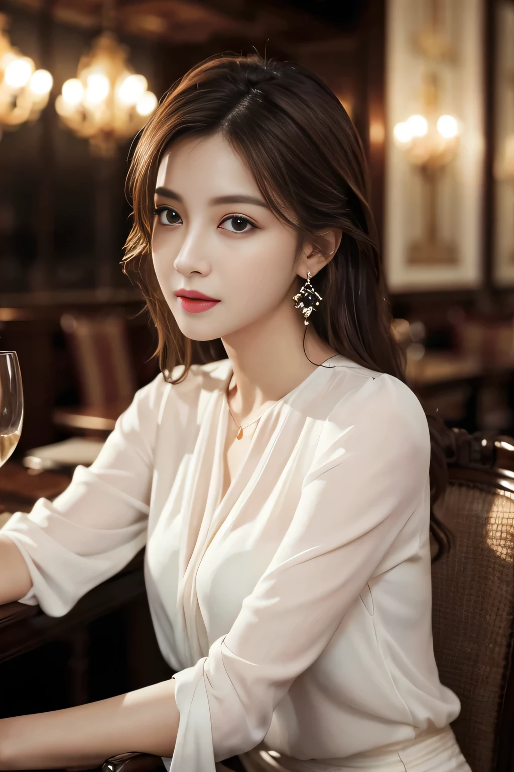masterpiece, highest quality, Realistic, Very detailed, Finer details, High resolution, 8k wallpaper, One beautiful woman, Wear an elegant see-through blouse, In a great restaurant, At night, Light brown messy hair, Perfect dynamic composition, Beautiful and beautiful eyes、Big earrings、Sitting in a chair