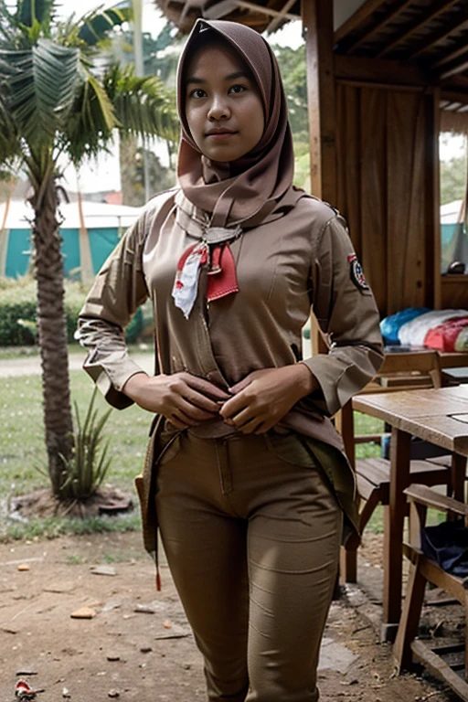 Young sweet beautiful Indonesian girl, 18 years old, slim body, georgeus face, beautiful small breasts, wearing white dirty short hijab to  covering all her hairs, a senior smart indonesian scout trainer at camping aream  a strong and humble girl, wearing very  dirt  long sleeve all unbuttoned indonesian scout jacket, there is a red cross badge on her  pocket,  wearing black sport shoes,  very realistic, very detail face, no cartoon, all good fingers have normal shape, normal legs shape, standing limp opened wide legs at  in camping zone,  sun shining to her body,   vagina and breast are exposed and visible, sweat on all her skins, many sweat flowing on her redish exhausted face, enjoying her jobs, exhausted eyes,  very exhausted face, her dark hairy  vagina exposed, very dense hairs under her stomach are visible, no bra, no panty, no underwear,  nude, she is forget to get dress,