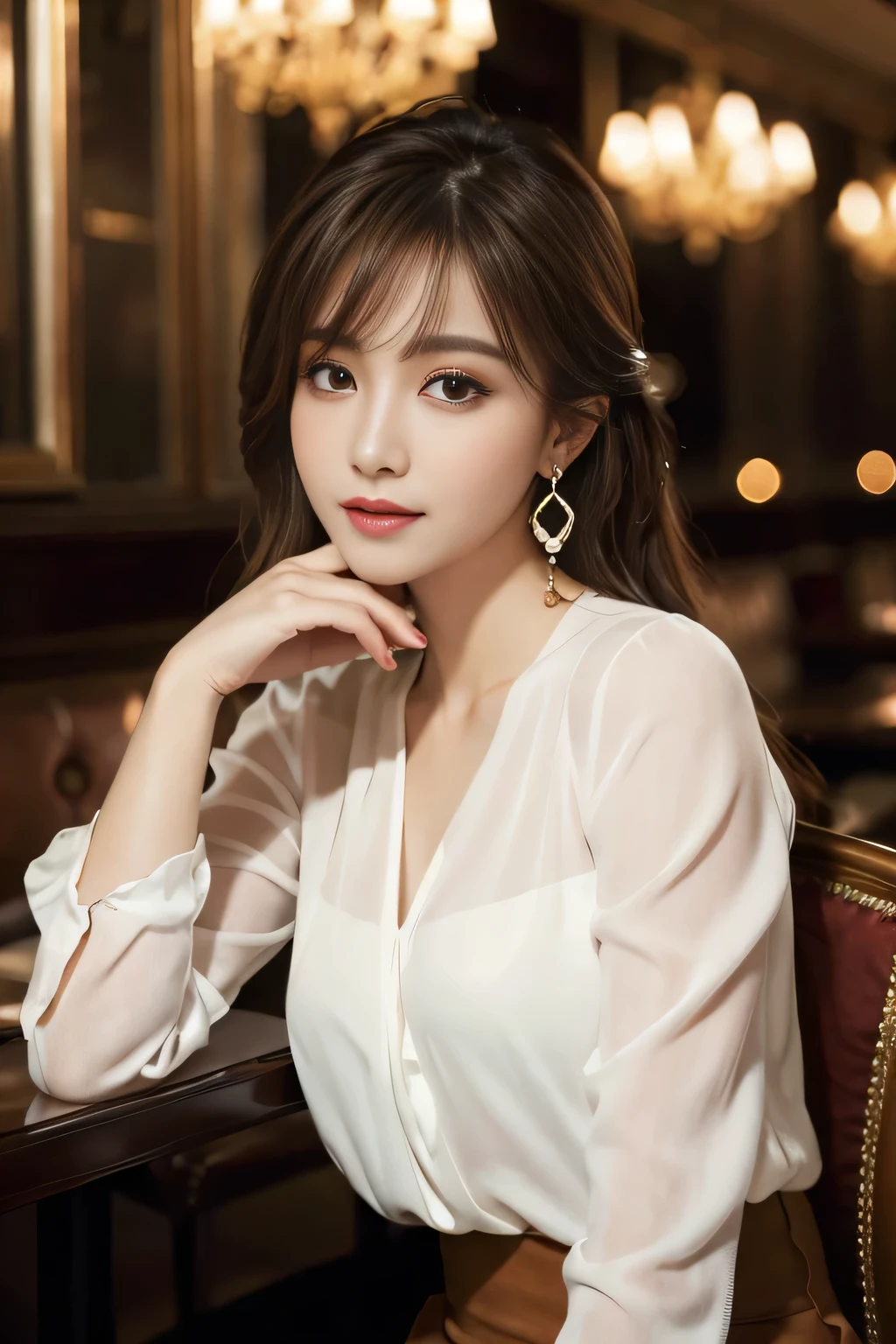 masterpiece, highest quality, Realistic, Very detailed, Finer details, High resolution, 8k wallpaper, One beautiful woman, Wear an elegant see-through blouse, In a great restaurant, At night, Light brown messy hair, Perfect dynamic composition, Beautiful and beautiful eyes、Big earrings、Sitting in a chair