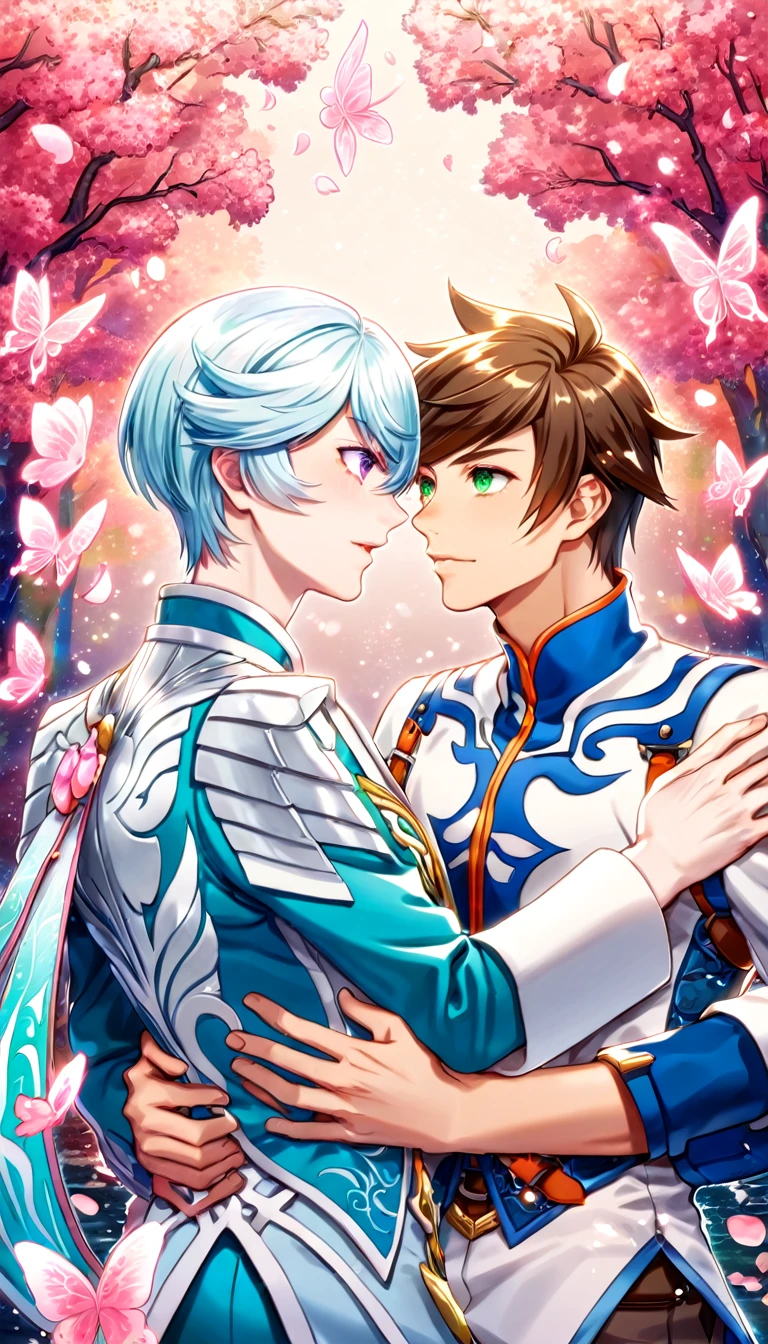 absurdres, highres, ultra detailed, HDR, master piece, best quality, Mikleo, white hair, expressive purple eyes, tales of zestiria, Sorey, brown hair, expressive green eyes, two sexy men together, gay couple, yaoi, handsome, white clothes, magical, fantasy, shining, water, pink flowers, pink blossoms, pink butterflies, pink petals
