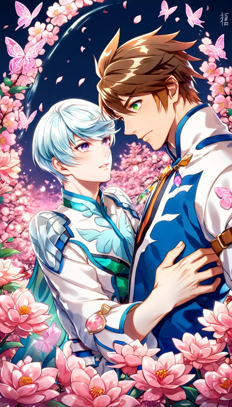 absurdres, highres, ultra detailed, HDR, master piece, best quality, Mikleo, white hair, expressive purple eyes, tales of zestiria, Sorey, brown hair, expressive green eyes, two sexy men together, gay couple, yaoi, handsome, white clothes, magical, fantasy, shining, water, pink flowers, pink blossoms, pink butterflies, pink petals