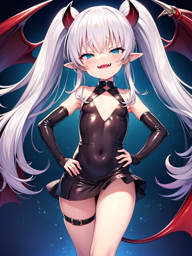 tachi-e, game cg, Highly detailed and realistic CG, Colorful, Masterpiece, Best Quality, jewel-like eyes, 1girl, solo, black hair, shiny hair, long straight hair, very long twintails, slender, skinny legs, succubus girl,succubus luxury dress, mini skirt, succubus boots, aqua blue eyes, flat chest, black elbow gloves, latex, smirk, smile, jitome, half-closed eyes, tsurime, simple background, from pov, best quality eyes, sharp teeth, tsundere, standing, contrapposto, hand on hip, (shiny skin:1.0), succubus wings, succubus tail, mesugaki, teasing, smug, cute girl, , open mouth, fangs, tongue out, pointy ears, pink heart tattoo, (Sharp Focus:1.2), Thin arms, Thin legs, outline, Evil Female Executive Succubus,