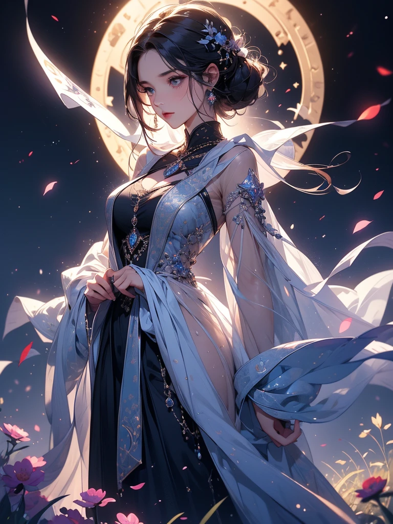 A charming artwork of a mystical and shimmering female character in a magical, moonlit landscape. The full-body view reveals her dressed in glistening purple and silver clothes that catch the light beautifully. Despite her short height, she captivates with her enchanting presence. Her medium-length purple hair and white eyes give her an ethereal, otherworldly charm. She holds an enchanted mirror, reflecting her timid and cute demeanor.

The background is an enchanted grove illuminated by soft moonlight, with sparkling dew drops on the grass and glowing flowers. Wisps of magical energy float in the air, and a gentle stream flows nearby, creating a serene and mystical atmosphere.

