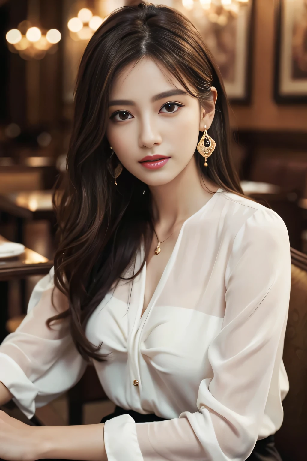 masterpiece, highest quality, Realistic, Very detailed, Finer details, High resolution, 8k wallpaper, One beautiful woman, Wear an elegant see-through blouse, In a great restaurant, At night, Light brown messy hair, Perfect dynamic composition, Beautiful and beautiful eyes、Big earrings、Sitting in a chair、