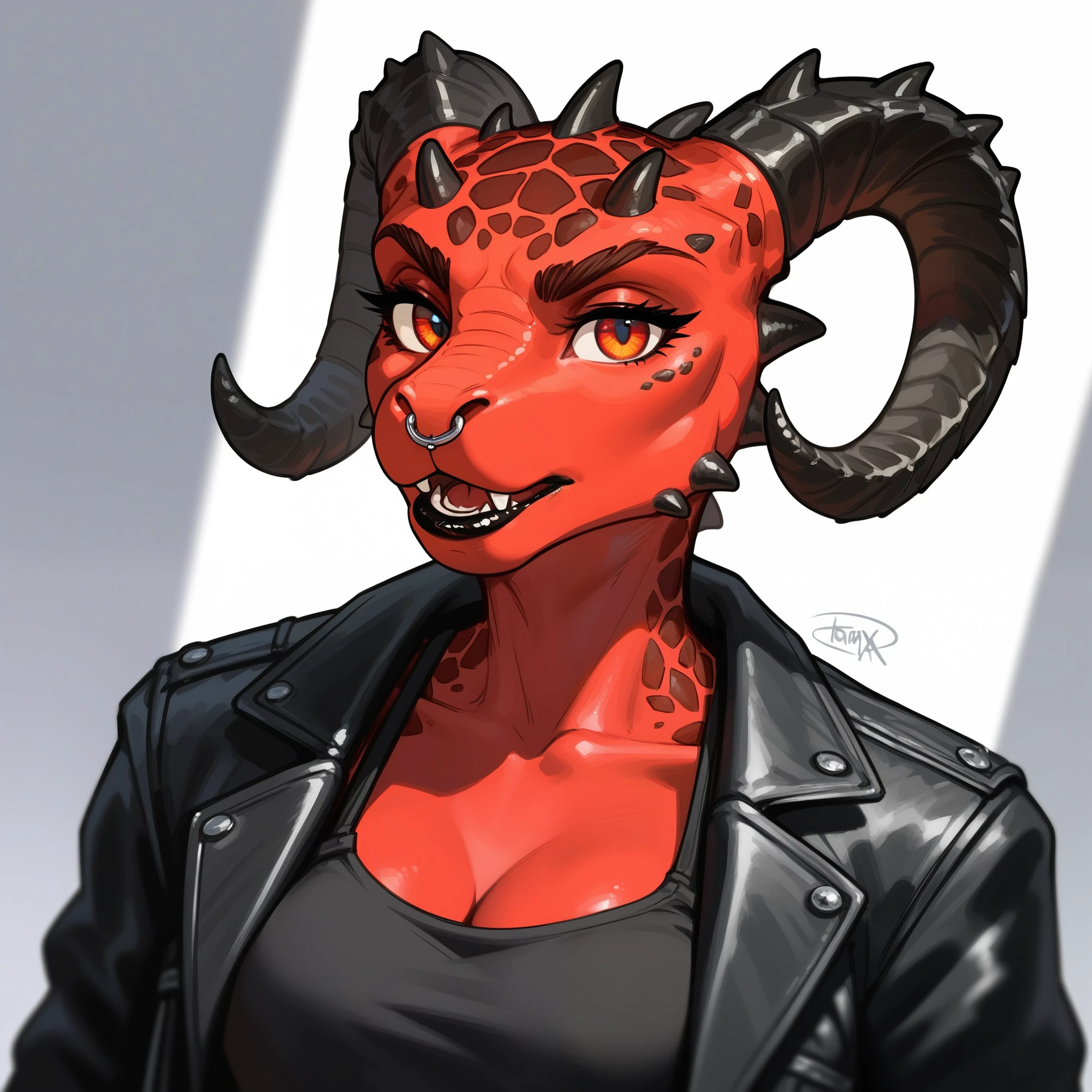, score_9,score_8_up,score_7_up, anthro Argonian female from skyrim, Anthro reptile girl, snout, all red skin, some black scales, red eyes, black lips, black horns, black ram horns, red tail, black lips, nose piercing, wearing black leather jacket, black crop top, upper body shot, portrait, looking at viewer, mouth open, pouting, furrowed eyebrows, no background