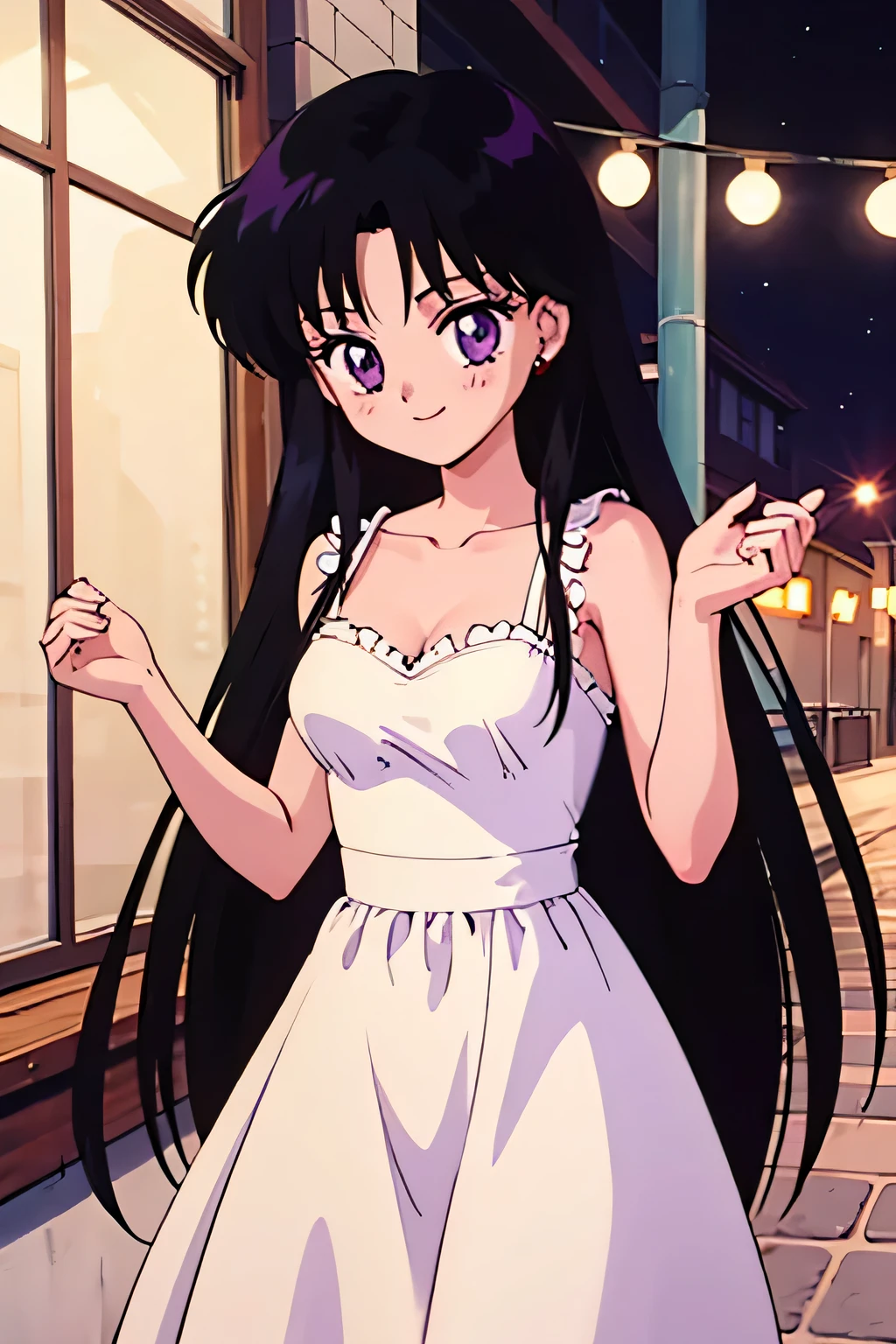 1 girl, solo, Rei Hino, very long hair, black hair, parted bangs, purple eyes, 1990s \(style\), Best quality, masterpiece, High Definition, a red flamenco dress, collarbone, dancing in the street at night, candle lights on the windowsill, cowboy shot, medium breast, smile,