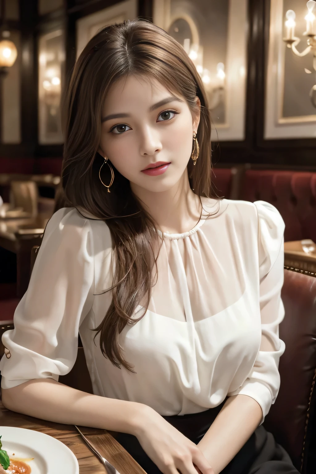 masterpiece, highest quality, Realistic, Very detailed, Finer details, High resolution, 8k wallpaper, One beautiful woman, Wear an elegant see-through blouse, In a great restaurant, At night, Light brown messy hair, Perfect dynamic composition, Beautiful and beautiful eyes、Big earrings、Sitting in a chair、