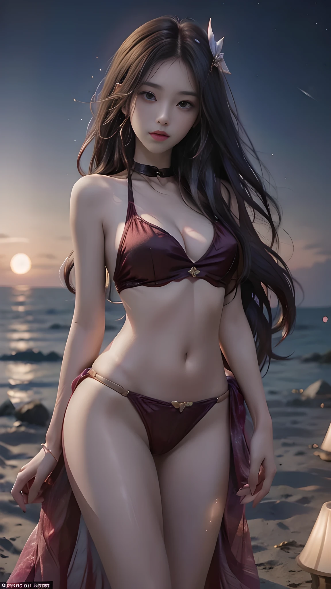 full hd 8k, Girl standing in front of a dark night scene, full moonlight reflecting on her beautiful face. Her long, silky hair was gently blown by the night wind, creating a gentle and romantic feeling. She is walking on a large beach. She looked up at the starry sky, as if searching for something, her eyes showing a pensive and lonely look. The full moon shines in the night sky creating a beautiful scene. The girl has long, silky hair, creating a luxurious and noble beauty. The moonlight shines on the girl's delicate face, highlighting her large, round light brown eyes, creating a natural, gentle beauty. She wore a little sexyly red bikini to create a sexy beauty. Her plumble breasts were exposed, revealing her plumble and extremely sexy breasts. These images capture detailed panoramic portraits and views of the sky and sea. All create a beautiful, wonderful picture that makes people unable to take their eyes off the scene. All of these details are depicted clearly and sharply, creating sexyly poses,