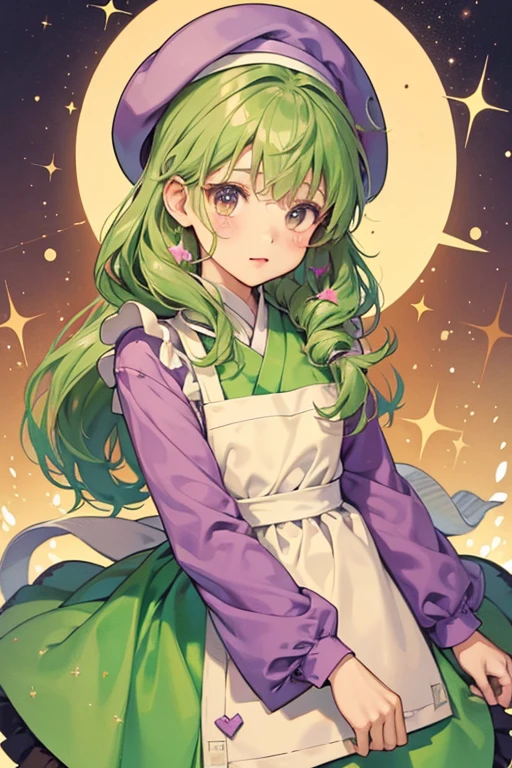 Kuyokuyotchi is beige and has long, wiggly, floppy ears. She wears a purple dress with a green apron over it, and a brown beret with five splotches of paint on the front.  SPARKLE; GLITTER