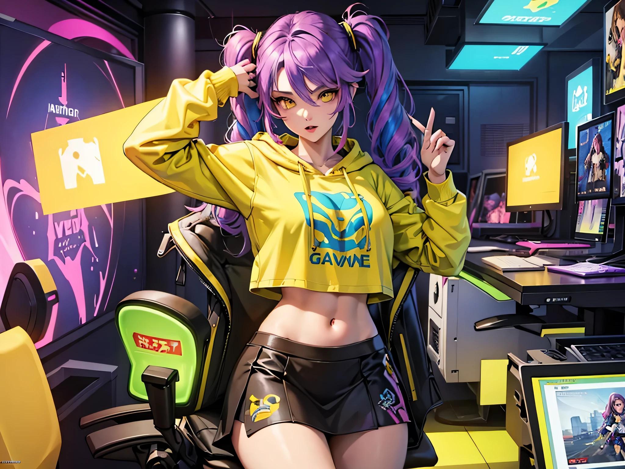 The most beautiful and sexy gamer girl, videogame girl, rainbow colored hair, yellow eyes, wearing hoodie, graphic t-shirt, skirt and highly detailed gamer gear, highly detailed background, perfect masterpiece, high quality, high resolution