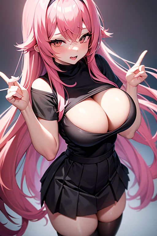 Extremely sexy girl with ahegao face with long pink hair, wearing a black top with a sweetheart cutout in the middle. She wears a black pleated skirt with white stripes and black stockings., lifts up her top to expose her breasts