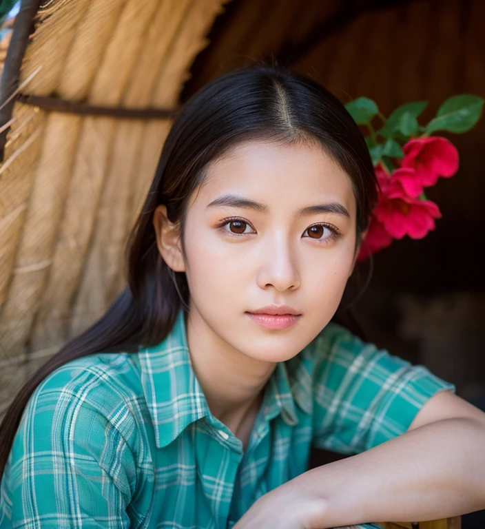 Young Asian woman, 25 years old, beautiful, long hair flowing up. A clear and detailed face, 8k,Wear a red and green and blue plaid shirt., In the open countryside there is a thatched hut with red flowers. Different action poses, Take photos 16k,with a high quality Fujicamera.,45,000,000 pixels