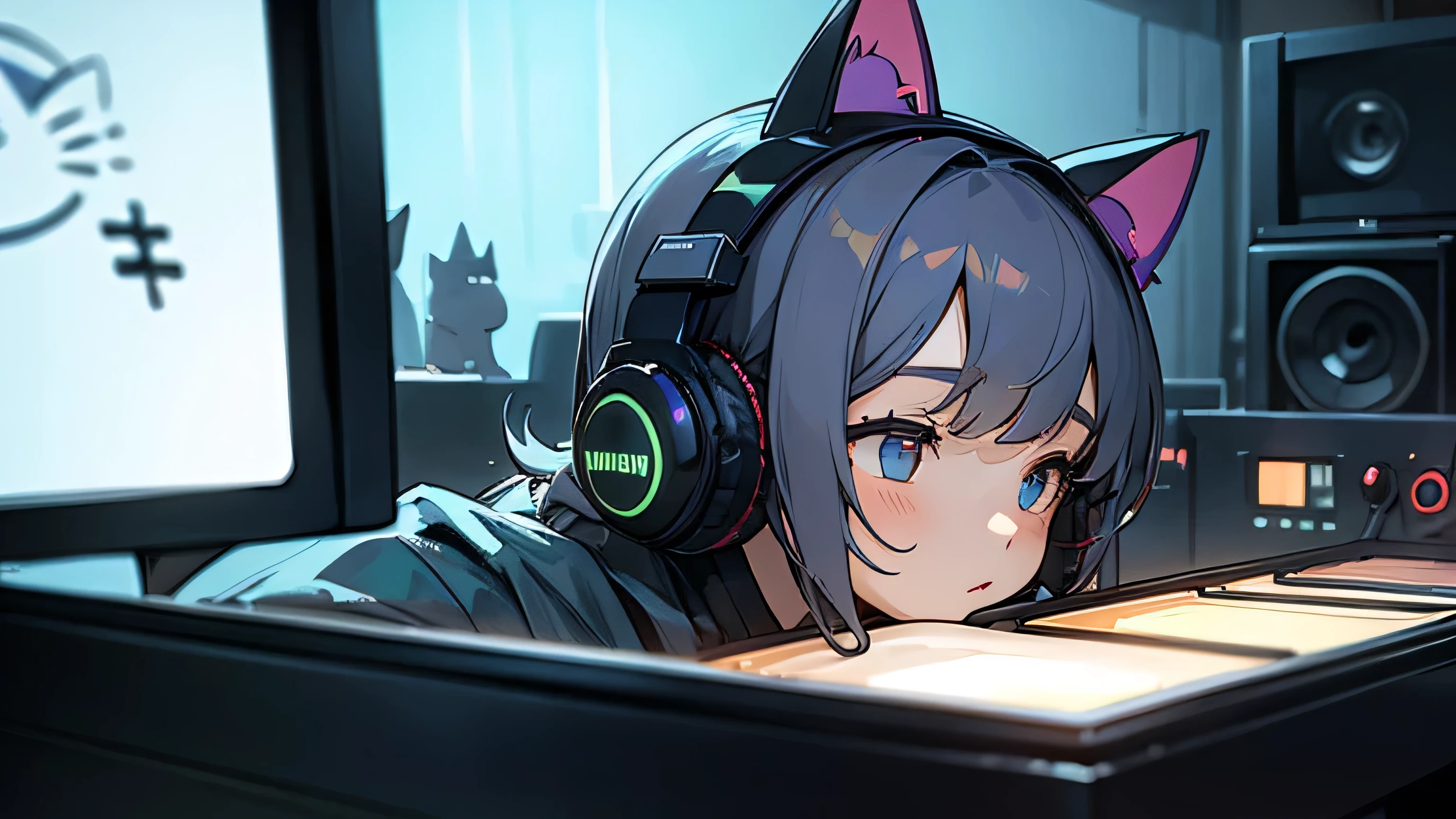 Room with speakers、Cat with headphones、Upper body close-up、night
