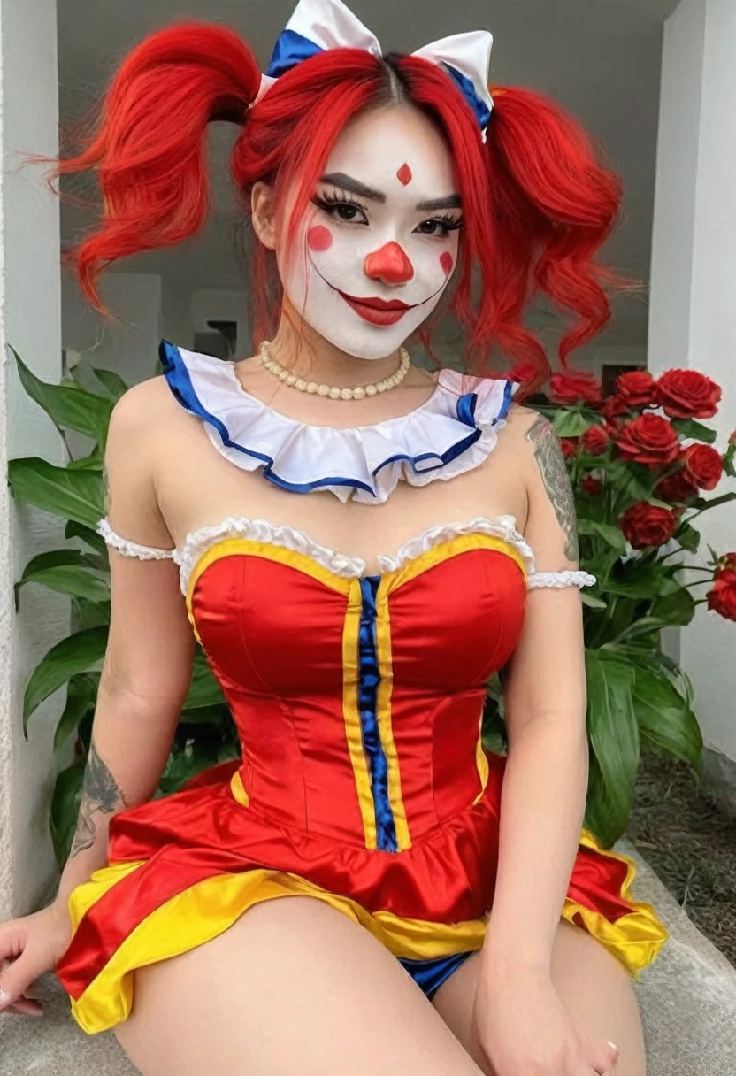 (((high quality:1.2))), Work of art, (8k), extremely detailed, ((High detail:1.2)) ((best resolution)), (Hotlexi woman), Solo, 24 year old Vietnamese female, ((sexy clown outfit)),