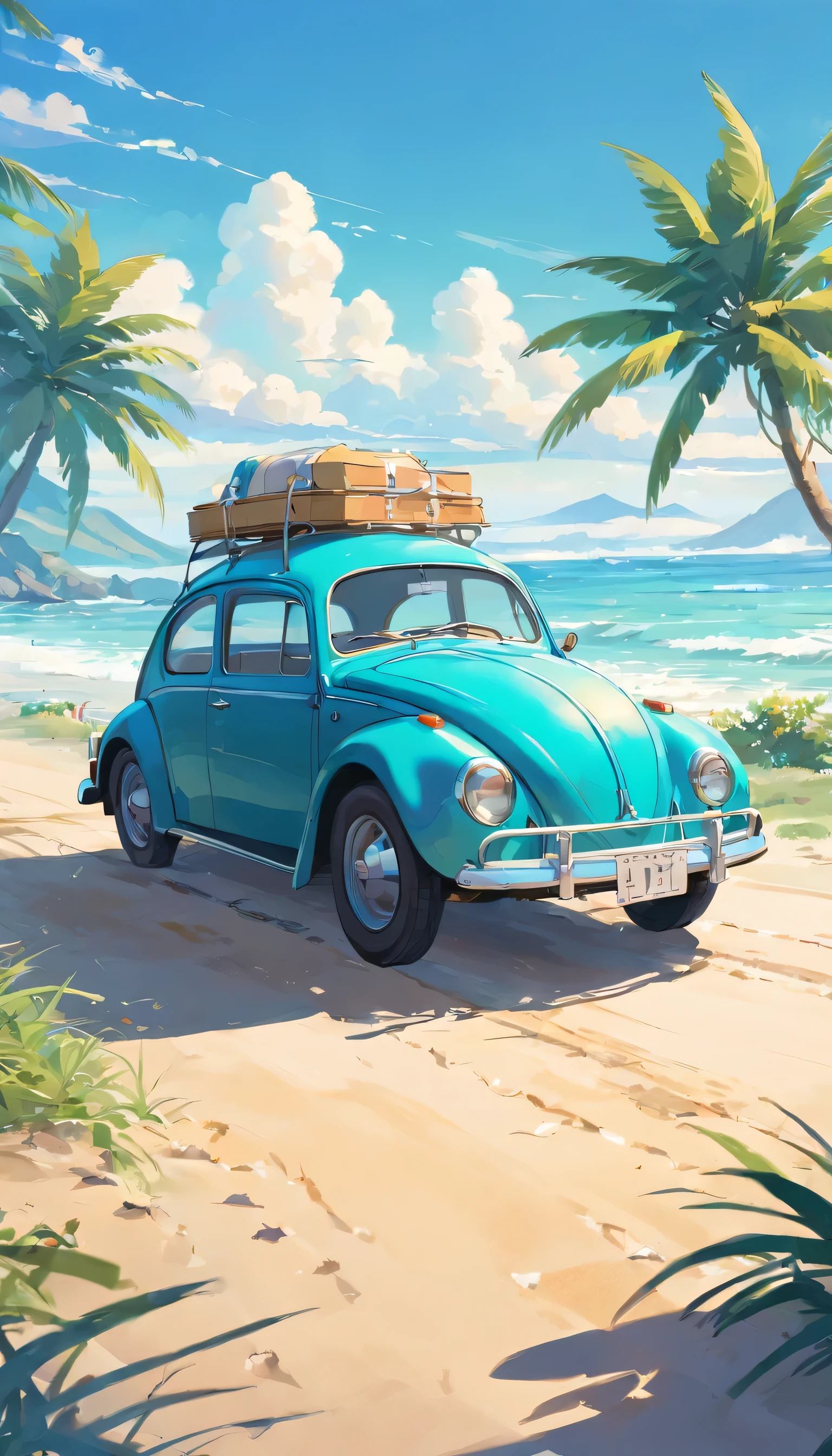Imprima um poster anortetigo, Ilustrador Adobe, imagen vectorial de un coche turquesa, modelo Volkswagenorte fusca 1950, Onorte the edge of a beach inorte the Caribbeanorte, con palmeras, Old buildinortegs of Havanortea, ::norte_baja calidad, bonorteeco, anorteime, imperfecto, Texto, assinorteatura. Acrilico stroke