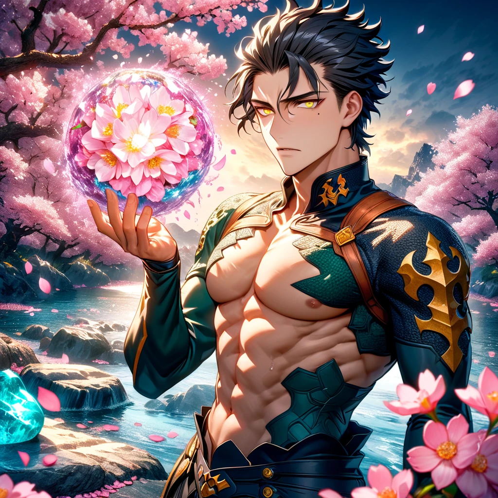 Ultra detailed, Highres, absurdres, HDR, master piece, Diarmuid Ua Duibhne, black hair, expressive yellow eyes, mole under his eye, Fate Grand Order, handsome, sexy man, solo, extremely detailed eyes and face, water, pink flowers, blossoms, petals, fantasy, magic, best quality, toned chest,