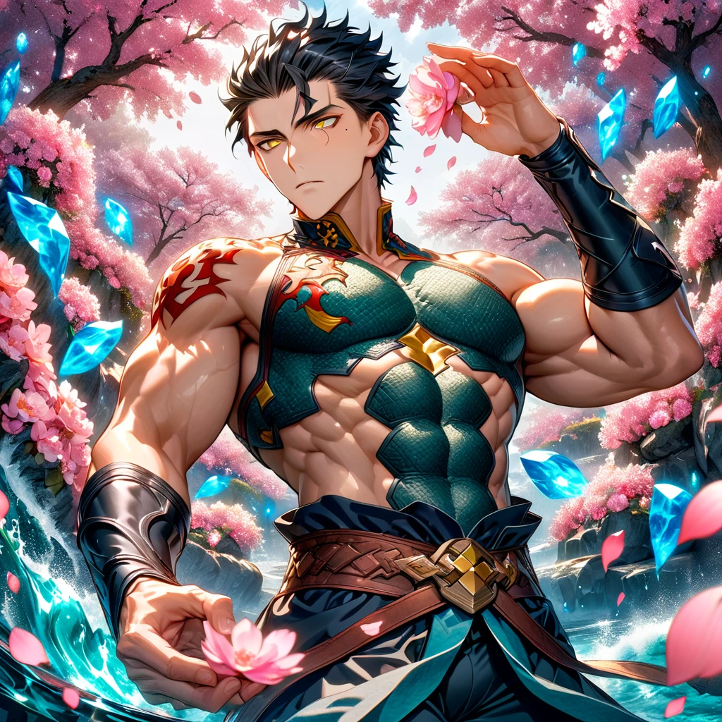 Ultra detailed, Highres, absurdres, HDR, master piece, Diarmuid Ua Duibhne, black hair, expressive yellow eyes, mole under his eye, Fate Grand Order, handsome, sexy man, solo, extremely detailed eyes and face, water, pink flowers, blossoms, petals, fantasy, magic, best quality, toned chest,