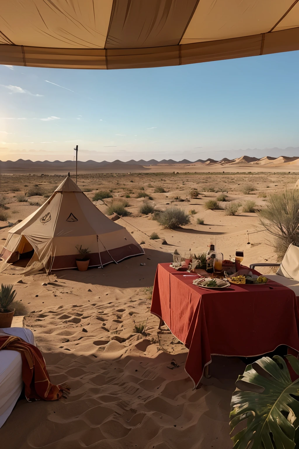 fiesta en el desierto con carpas y un sol resplandeciendo en el fondo