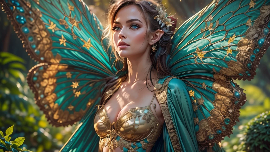 Beautiful faerie woman, elf ear, flying, massive monarch butterfly wings between shoulder blades, glowing blue eyes, detailed proportional hands, proportional body, firm breast, frank Frazzetta painting style, (Best Quality:1.4), (Ultra-detailed), (extremely detailed CG unified 8k wallpaper), Highly detailed, RAW Photos, Professional Photography, plein air, Illumination, (Super fancy photos:1.4), (Dazzling light), Radiant Photography, depth of fields