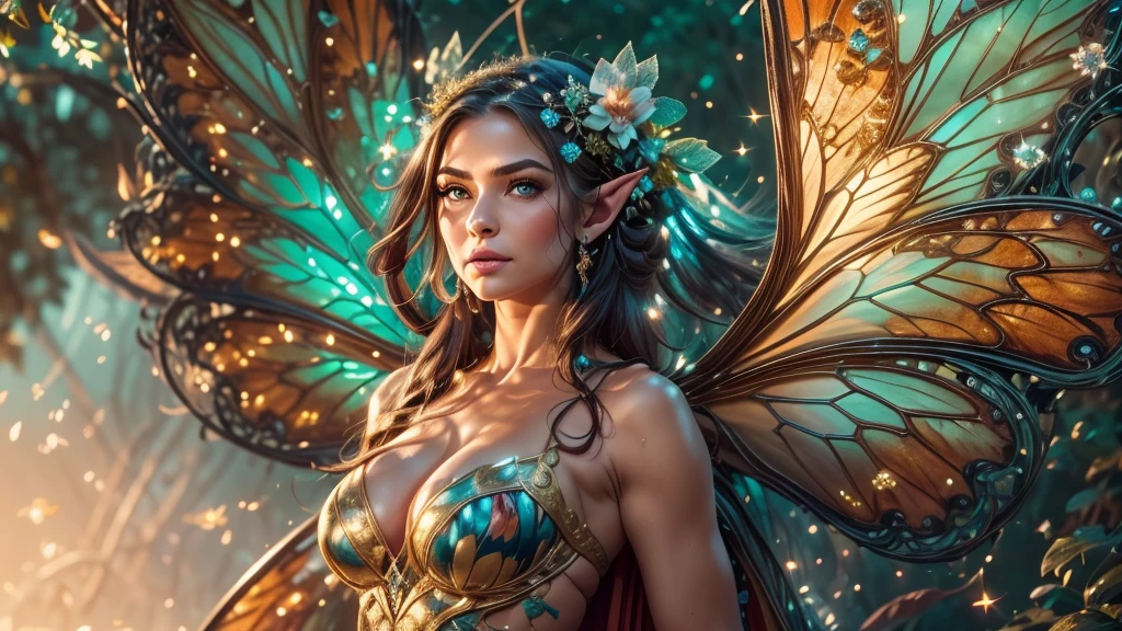 Beautiful faerie woman, elf ear, flying, massive monarch butterfly wings between shoulder blades, glowing blue eyes, detailed proportional hands, proportional body, firm breast, frank Frazzetta painting style, (Best Quality:1.4), (Ultra-detailed), (extremely detailed CG unified 8k wallpaper), Highly detailed, RAW Photos, Professional Photography, plein air, Illumination, (Super fancy photos:1.4), (Dazzling light), Radiant Photography, depth of fields
