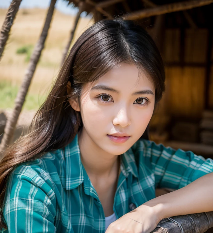 Young Asian woman, 25 years old, beautiful, long hair flowing up. A clear and detailed face, 8k,Wear a red and green and blue plaid shirt., In the open countryside there is a thatched hut with red flowers. Different action poses, Take photos 16k,with a high quality Fujicamera.,45,000,000 pixels