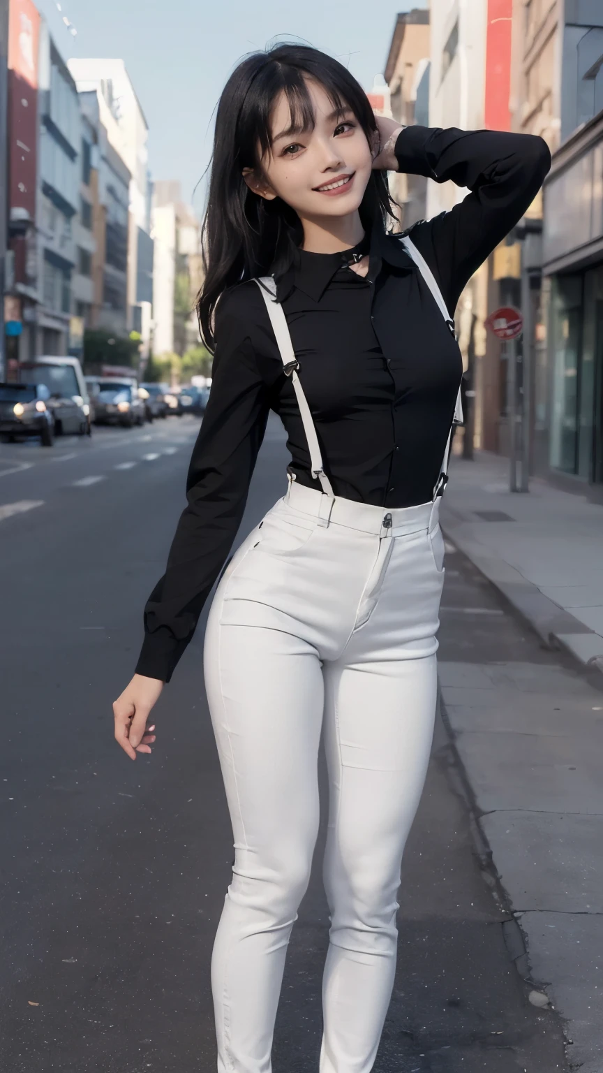 ((In the city:2.0)), ((Backwards:2.0, Point your buttocks towards the camera:1.8)), ((Black shirt with collar:2.0, suspenders:2.0, White pants:1.8)), (Clothing:2.0, Panties under white skinny pants:2.0, suspenders under Black shirt with collar:2.0, sneakers:1.5), ((In the city:2.0)), ((A grin:1.2, Small breasts:1.5, slender:1.5, Small Ass:1.5)), ((Japanese, 1 Girl, 18-year-old, 7 heads, Ideal body proportions, Black Hair, With bangs, Small breasts, Erect nipples, slender, Small Ass, Beautiful feet, Skinny Legs)), Surrealism, Cinematic Lighting, Depth of written boundary, First Person View, Boobs F/1.8, 135mm, Ticker, Mastepiece, Curate, ((Anatomically correct:1.3)), Textured skin, Super Detail, High detail, High quality, Awards, Best Quality, High resolution, 8K