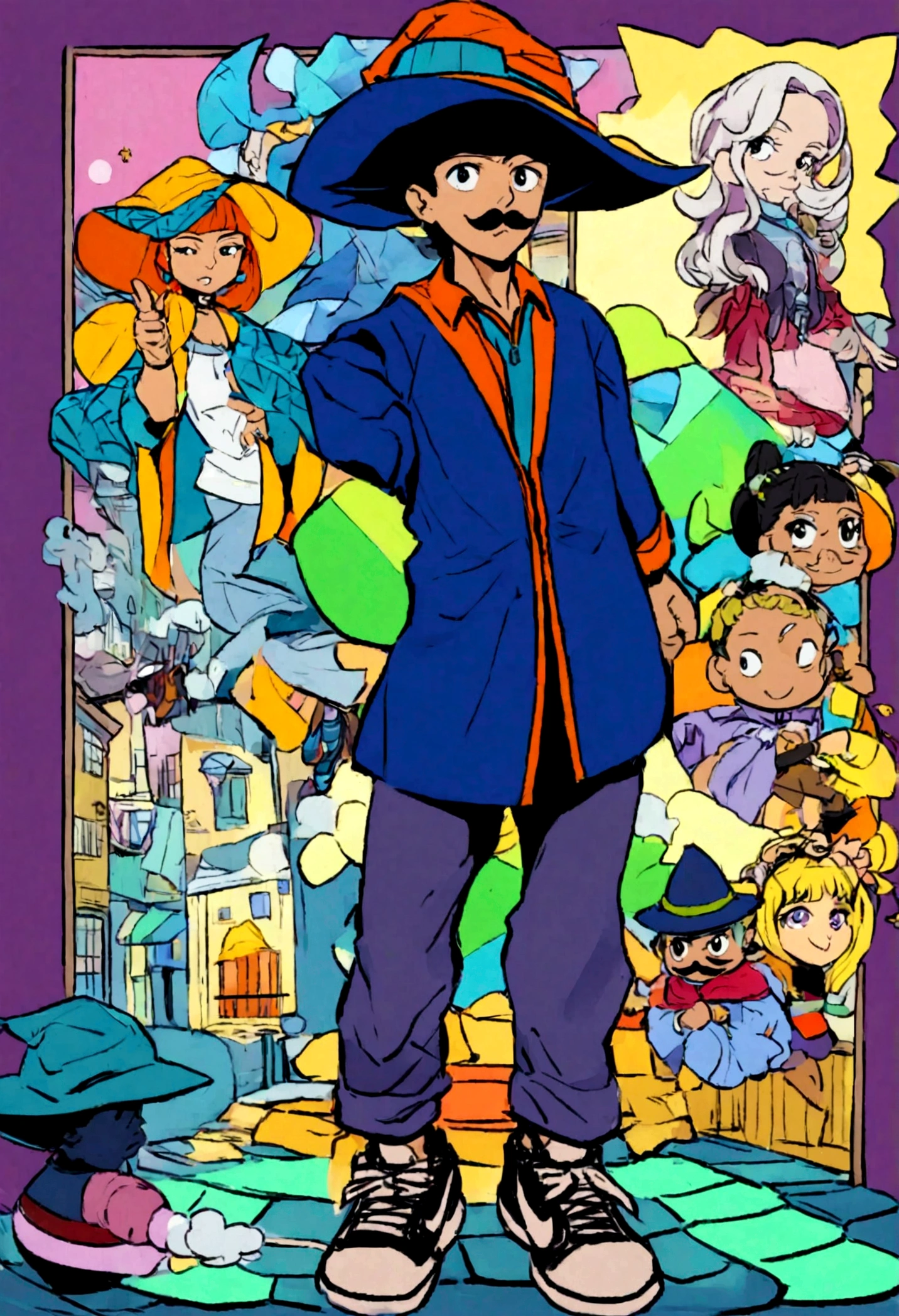 Create a high-quality image with advanced levels of detail, cinematic style cartoon themed anime character. The image must depict a young wizard with a white appearance, um microfone na mao, com uma caixa de som ao lado. He must be wearing typical Brazilian favela clothes, including a Lacoste shirt and Nike sneakers, while maintaining the essence of a wizard with a wizard hat and a short, neatly trimmed mustache. O fundo deve ser uma favela vibrante com cores vivas e neon , integrando a cultura urbana brasileira.