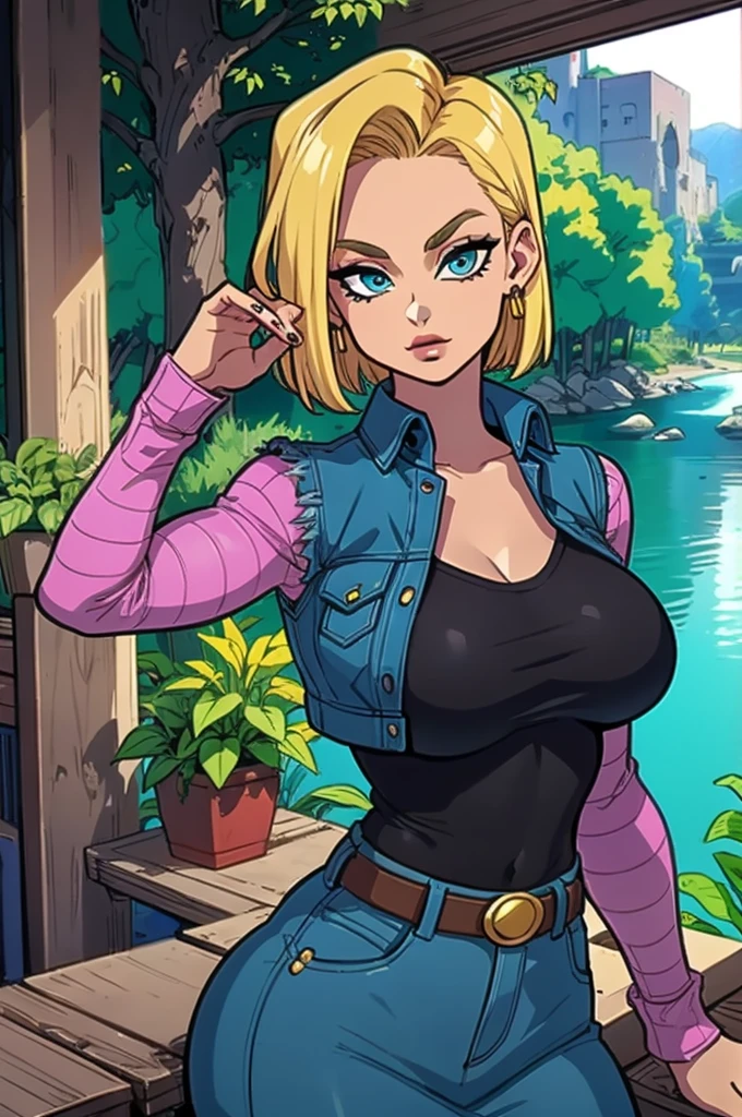 android 18, , olhando para o espectador, mulher madura, Olhos prateados, 8K, HDR, motor ureal, ultra qualidade, cabelos curtos loiro , Seios longos,, corpo, 8K, ultra-detailed 1girls vine color hair busty female huge breasts olhando para o espectador mulher madura seductive, 1girl, (solo:1.2), (looking at viewer:1.5), (upper body:1.5), (walking:1.2), (cowboy shot:1.5), (masterpiece:1.3), (best quality:1.3), (perfect anatomy:1.4), highly detailed, (secluded river scenery:1.2), (sunlight through trees:1.3), daylight,natural rock formations, nature,, android18, earrings, denim, belt, blonde hair, blue eyes, short hair, jewelry, (denim vest:1.2), open vest, black pantyhose, black shirt, denim skirt, (white striped long sleeves), blue skirt, large breasts, agawa, vibrant colors, warm palette, expressive, solid shading, clean lineart