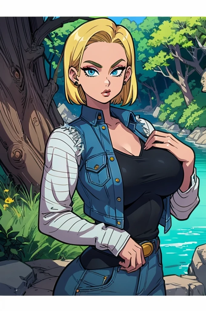 android 18, , olhando para o espectador, mulher madura, Olhos prateados, 8K, HDR, motor ureal, ultra qualidade, cabelos curtos loiro , Seios longos,, corpo, 8K, ultra-detailed 1girls vine color hair busty female huge breasts olhando para o espectador mulher madura seductive, 1girl, (solo:1.2), (looking at viewer:1.5), (upper body:1.5), (walking:1.2), (cowboy shot:1.5), (masterpiece:1.3), (best quality:1.3), (perfect anatomy:1.4), highly detailed, (secluded river scenery:1.2), (sunlight through trees:1.3), daylight,natural rock formations, nature,, android18, earrings, denim, belt, blonde hair, blue eyes, short hair, jewelry, (denim vest:1.2), open vest, black pantyhose, black shirt, denim skirt, (white striped long sleeves), blue skirt, large breasts, agawa, vibrant colors, warm palette, expressive, solid shading, clean lineart