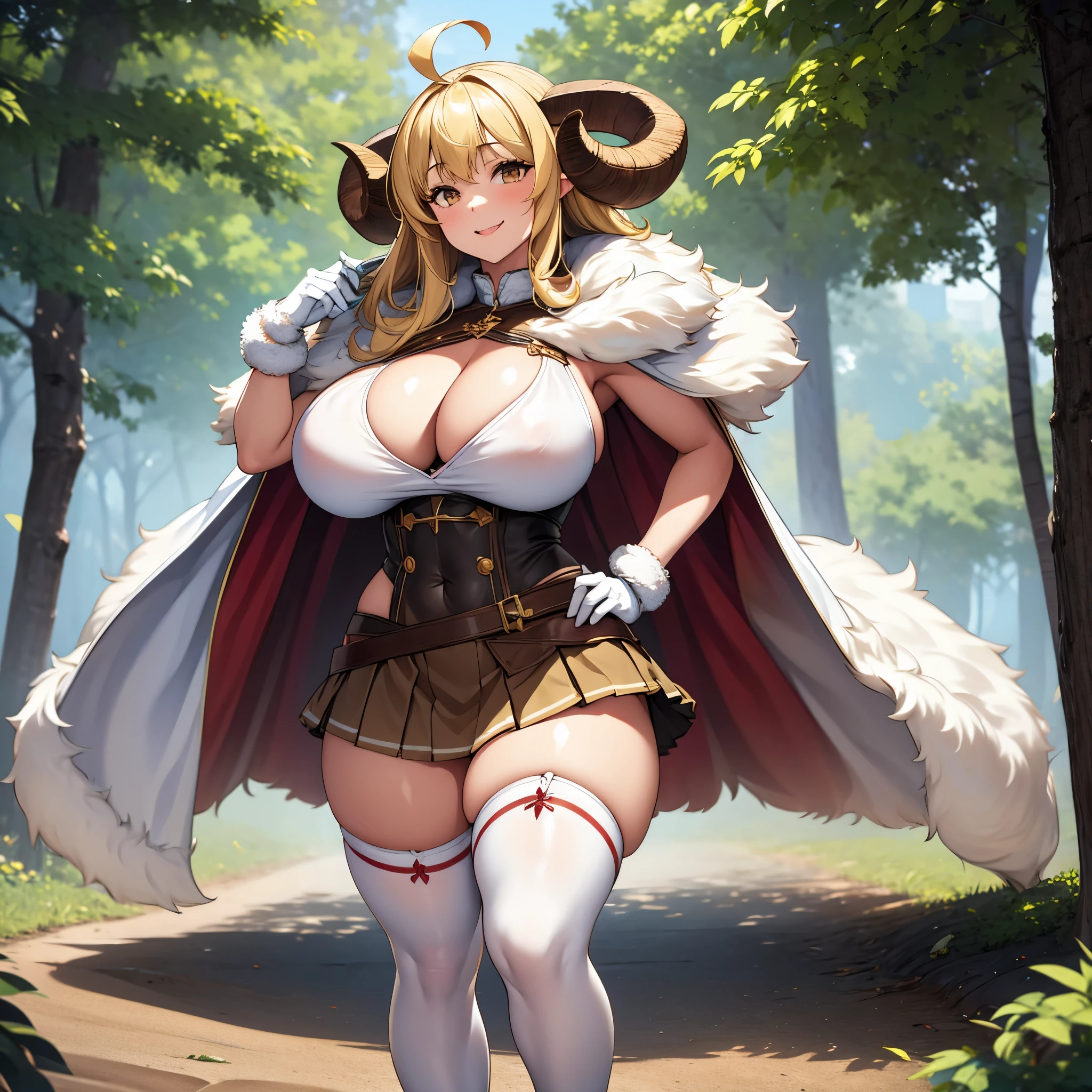 A woman wearing brown horns, long blonde hair, wearing white sleeveless shirt, white fur cape, short skirt, big breasts, brown eyes, walking on a dirt sidewalk, in a fantasy open forest, fantasy theme, smiling, big breasts, perfect face.UHD, masterpiece, accurate, anatomically correct, textured skin, super detail, high quality, best quality, 8k, high resolution, bokeh effect.( solo woman)