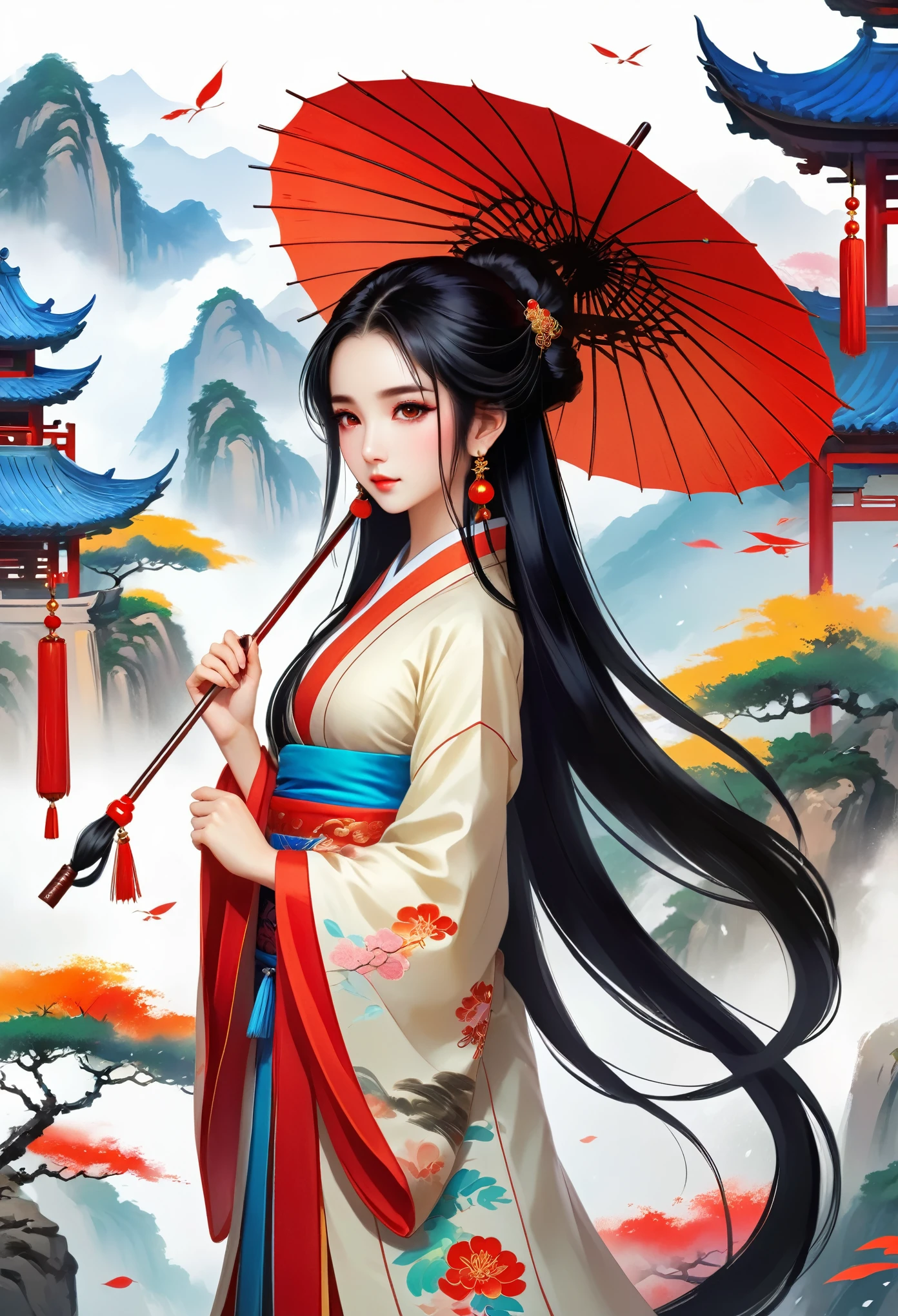An ancient Chinese girl with long black hair, red eyes and earrings is holding an umbrella in her hand, in the style of anime, game art design, concept art, fantasy background, colorful animation style, delicate brush strokes, full body portrait, ultrahigh resolution, high definition details, and Chinese painting of the highest quality.