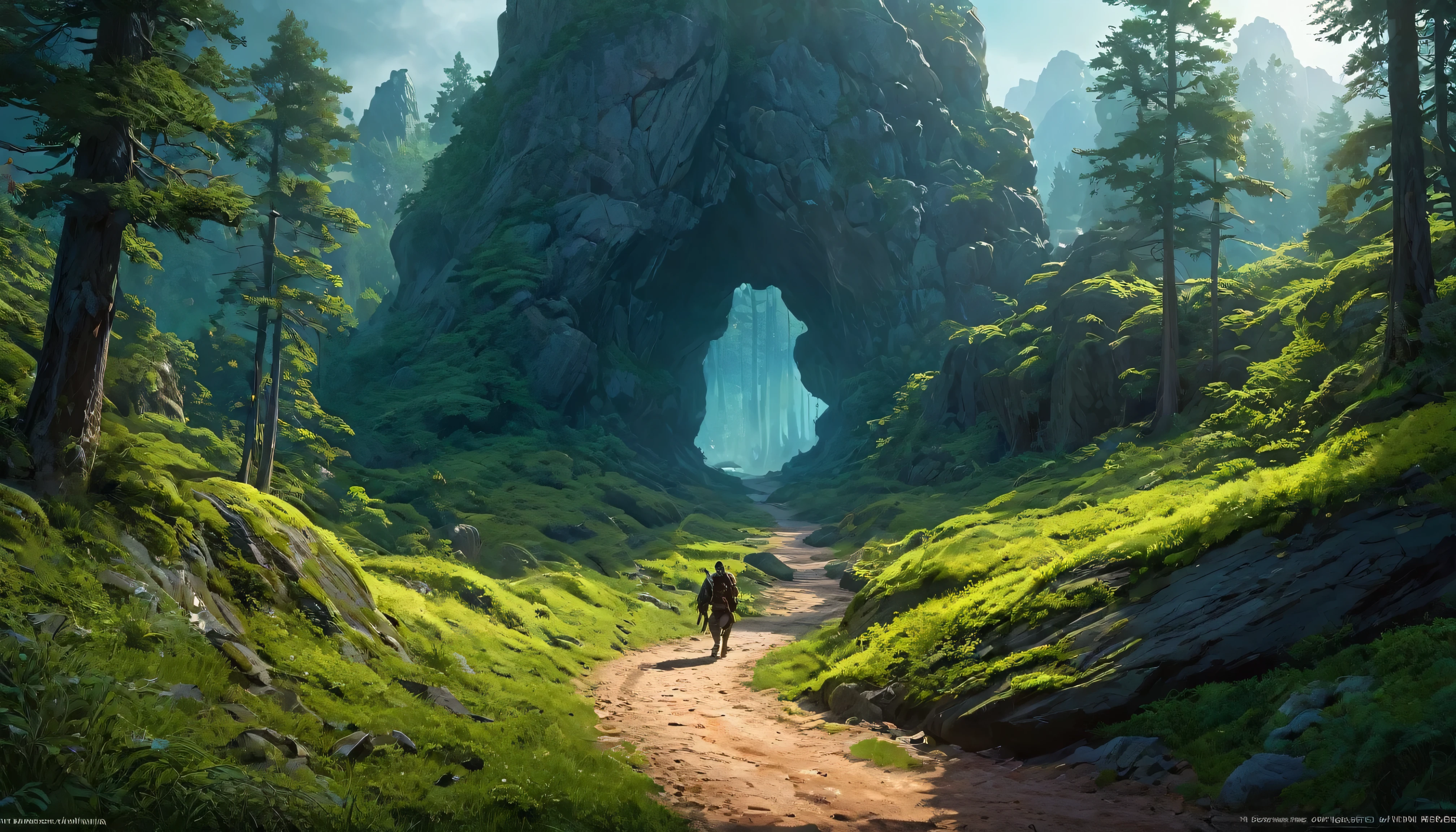 (anime, dark fantasy), (by Greg Rutkowski: 1.2), (masterpiece, best quality, high resolution, highly detailed, depth of filed, HDR:1.2), (an adventurer walking the path on dirt main road lead to a forest, forest entrance, large bushes, small boulders scattered, mysterious, dark hue), fantastical landscapes, vibrant colors, majestic, dark enchanted, dangerous atmosphere, beautiful, extremely detailed, intricate, delicate, serene fantasy, cinematic lighting, 8k, high quality