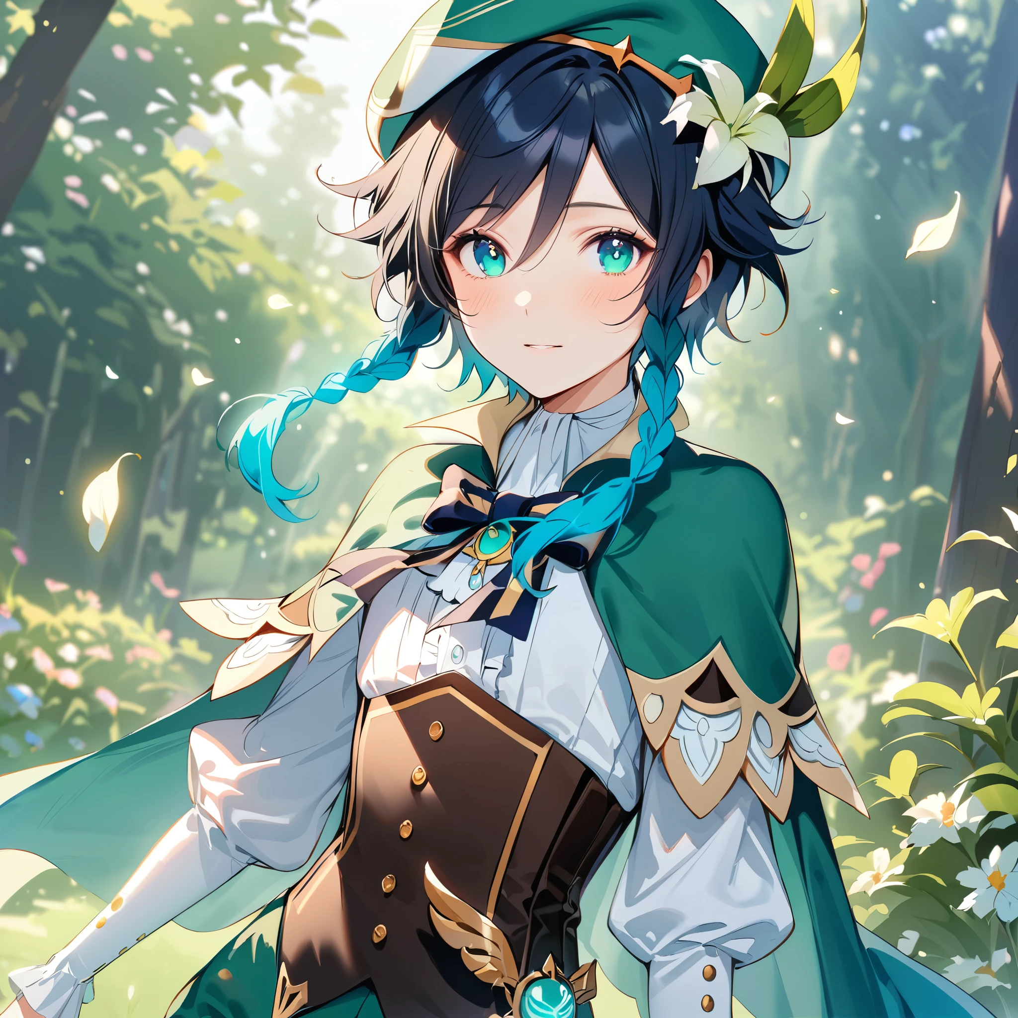 (best quality,4k,8k,highres,masterpiece:1.2),1boy,venti genshin impact,male focus,flat chest,ultra-detailed,realistic,(dsmile:0.5),morning of spring,delicate light rays,rich color palette,elegant curves,effects of light and shadow,flower petals falling,springtime essence,ethereal atmosphere,peaceful garden background,morning dew,soft sunlight filtering through trees,lush plants,komorebi,vividly colored blossoms,transcendent beauty,awe-inspiring artwork,white long-sleeved shirt, brown corset,green shorts, white tights,green cape,hat,brooch,green eyes,wise and kind god,cinematic lighting, ray tracing, UHD, high details, high quality, award winning, super detail,wind magic